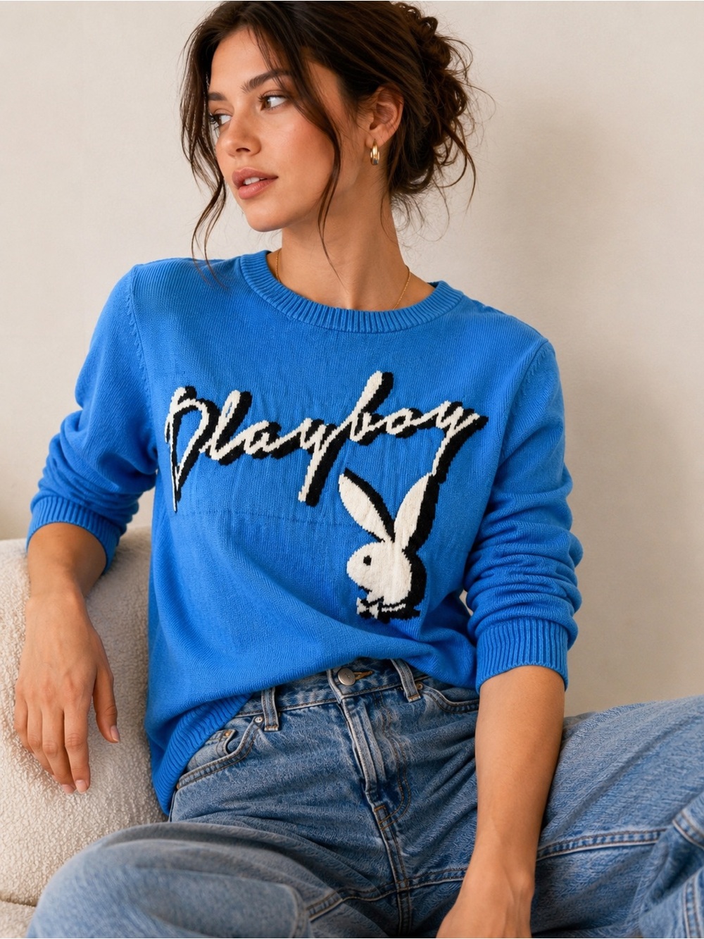 Playboy Bunny Logo Blue Cotton Graphic Sweater Y2K McBling Small